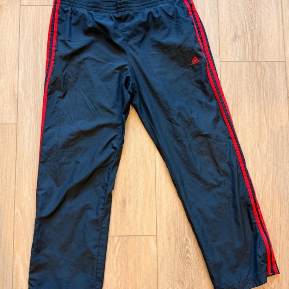 VINTAGE Adidas Charcoal Grey Track Pants with Red Stripes and Zippered Ankles